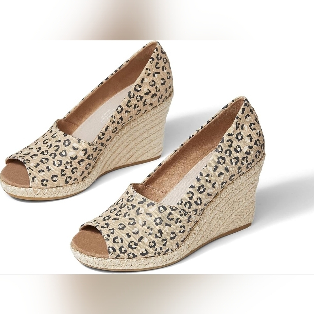 Toms Leopard Print Peep-Toe Espadrille Wedge Sandals - Beige/Black